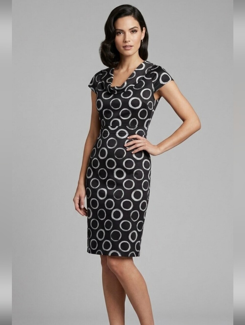 MERONA Black White SATEEN Midi Dress Cap Sleeve Cowl Neck SZ 2